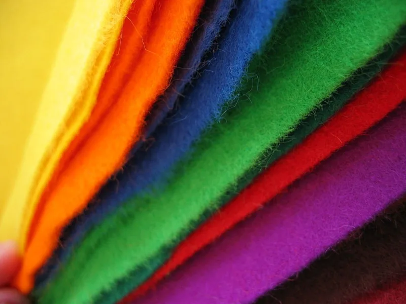 A fan of brightly dyed felt sheets in yellow, orange, blue, green, red and purple