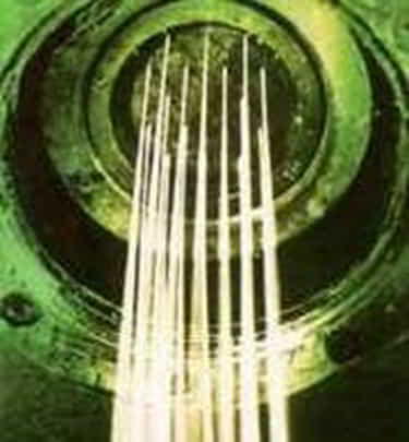 Polyester filaments leaving the holes of a spinneret during melt spinning