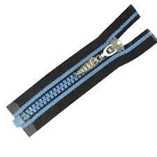 A moulded plastic zipper with light blue teeth on black tape with blue edges, closed, with the slider near the top