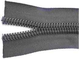 A grey coil zipper, partly open, showing the continuous spiral of plastic along the edge of each tape