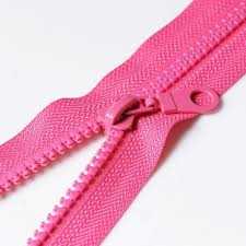 A pink moulded plastic zipper with matching pink teeth, slider and pull