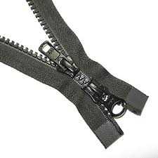 A dark grey moulded plastic zipper with two black sliders together on the chain, the two halves apart above them