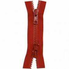 A red moulded plastic two-way zipper with one slider at the top of the chain and one at the bottom