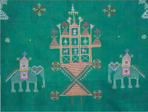 Kasuti embroidery depicting tulsi pot holder and elephant motifs