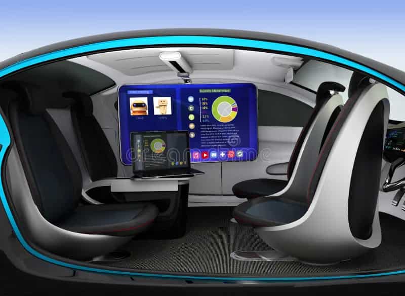 futuristic automotive interior with interactive digital displays