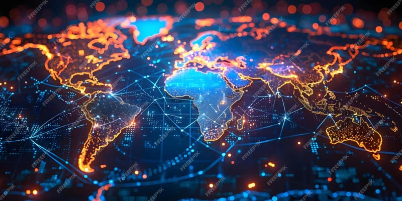 interconnected nodes for digital transformation, sustainability, global harmonization, and innovative opportunities.