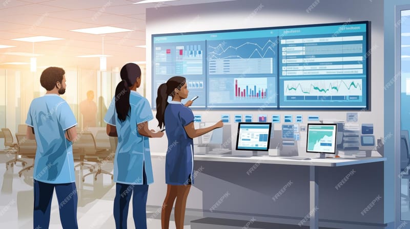 personnel performing routine checks and digital screens displaying equipment health metrics