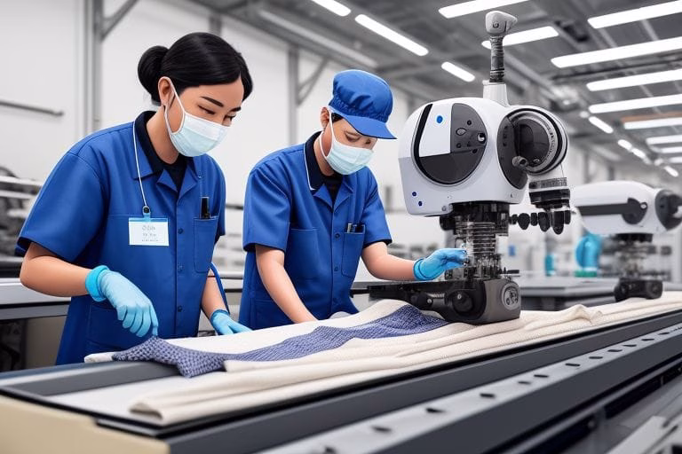 A cobot working alongside a human technician at a textile finishing station