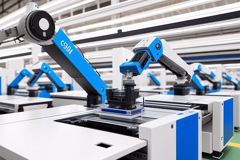 Cobot arm placing finished garments into eco-friendly packaging on a production line