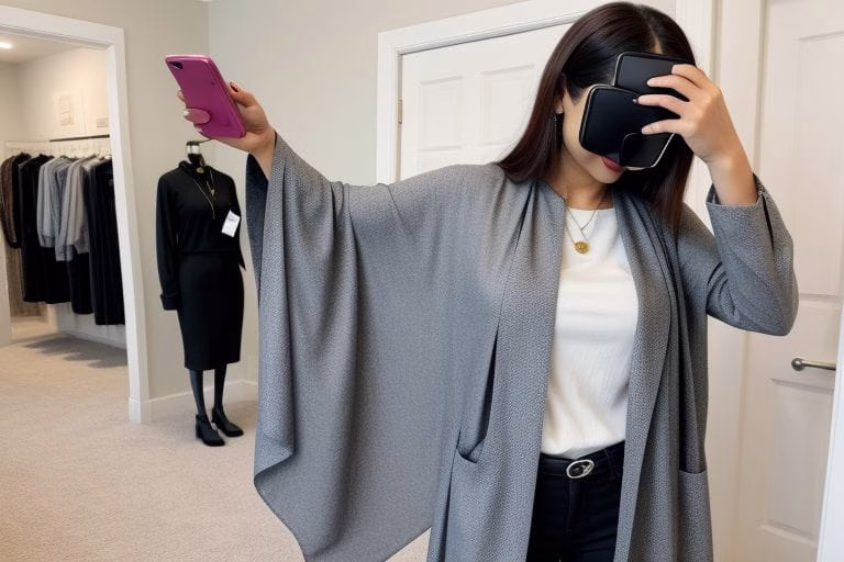 Consumer using a smartphone to view a virtual fabric drape or outfit try-on