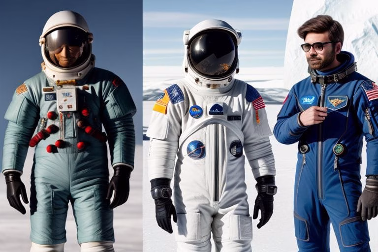 Side-by-side of a space suit and an Arctic explorer’s suit 