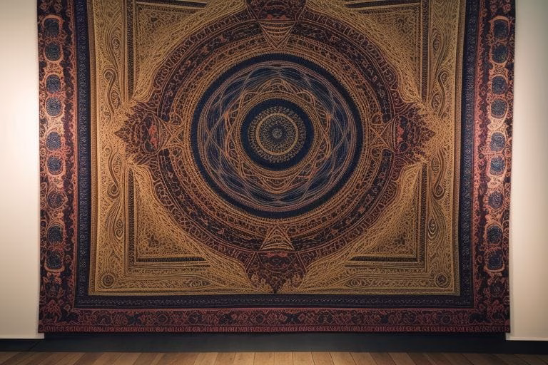 tapestry in a modern gallery, showcasing intricate patterns and rich colors Tapestry in a modern gallery, showcasing intricate patterns and rich colors