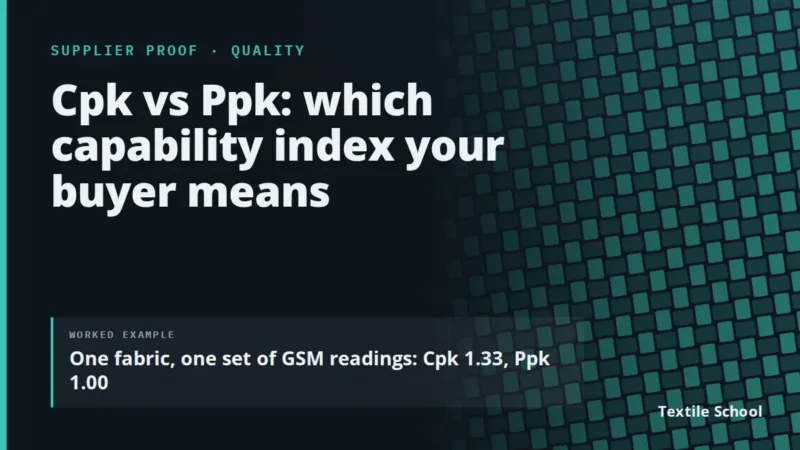 Cpk vs Ppk: which capability index your buyer means. Worked example: one fabric, one set of GSM readings, Cpk 1.33 and Ppk 1.00.