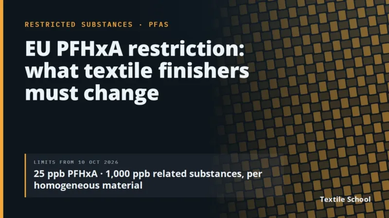 EU PFHxA restriction: what textile finishers must change. 25 ppb PFHxA and 1,000 ppb related substances per homogeneous material from 10 October 2026.