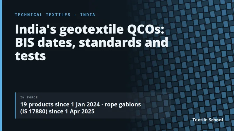 India's geotextile QCOs: BIS dates, standards and tests. 19 products since 1 January 2024; rope gabions to IS 17880 since 1 April 2025.