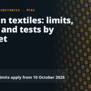 PFAS in textiles: limits, dates and tests by market. EU PFHxA limits apply from 10 October 2026.