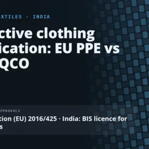 Protective clothing certification: EU PPE vs India QCO. Two separate approvals: Regulation (EU) 2016/425 in the EU, a BIS licence for 11 products in India.