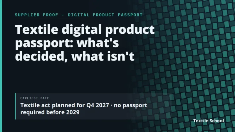 Textile digital product passport: what is decided and what is not. The textile act is planned for Q4 2027 and no passport is required before 2029.