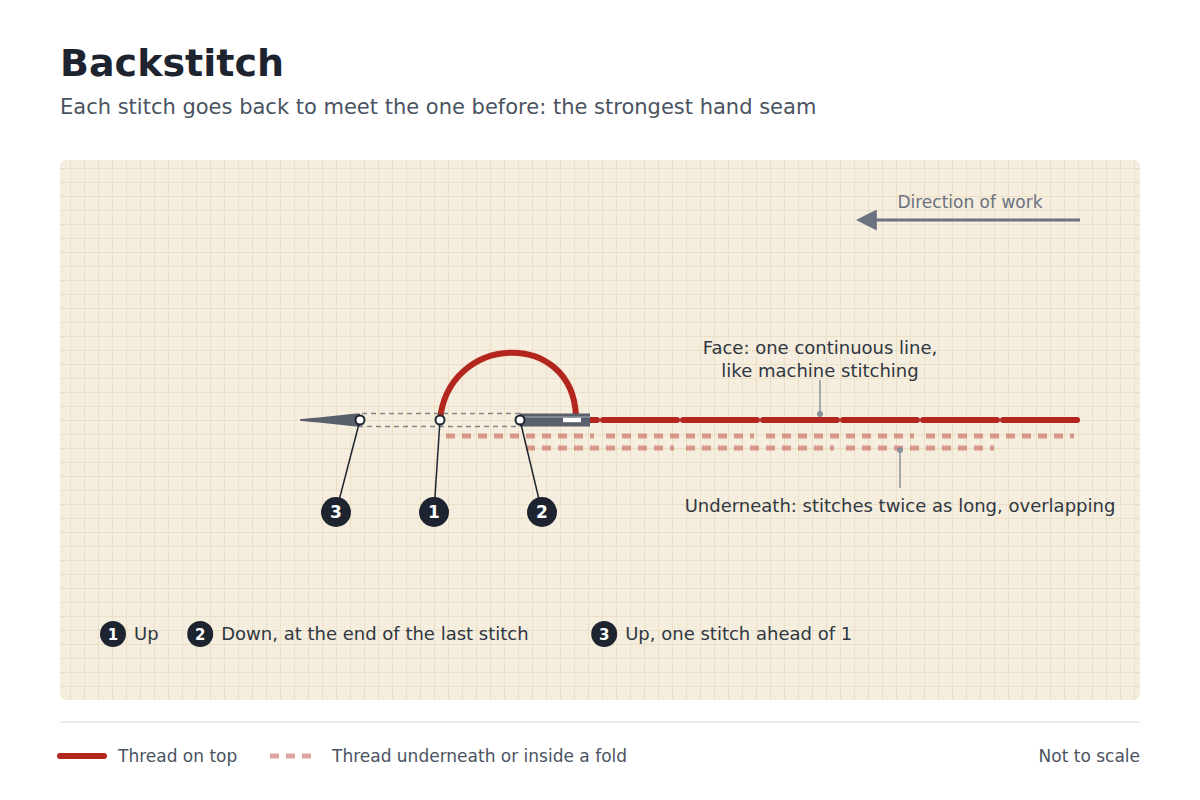 Diagram of backstitch: the thread comes up at 1, goes down at 2 at the end of the last stitch and comes up at 3, one stitch ahead; the face is a continuous line and the stitches underneath overlap